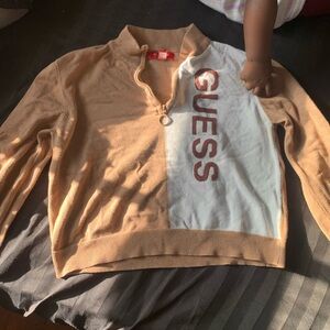 GUESS Medium Brown and White Long Sleeve Cropped Shirt